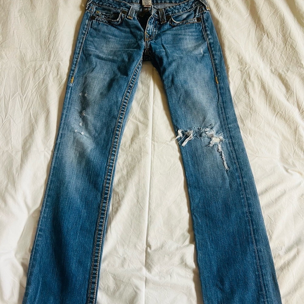 True Religion Blue Denim Jeans with Yellow Stitching